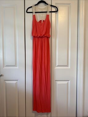 Coral Dress with Cream Crochet Yoke Maxi Dress